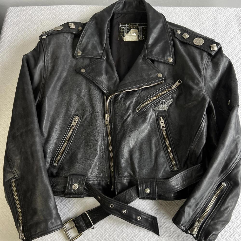 PARASUCO Men’s Black Genuine Leather Biker Jacket Size XL Belted Moto Vintage
